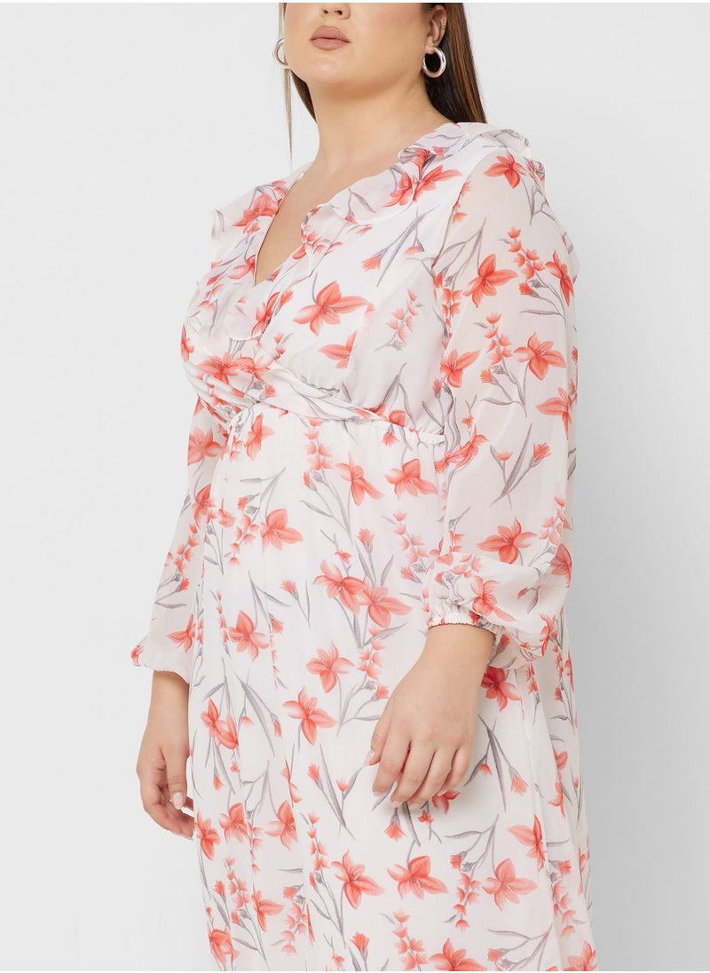 Ella Plus - Printed Frill Detail Fit & Flare Dress - Image 1
