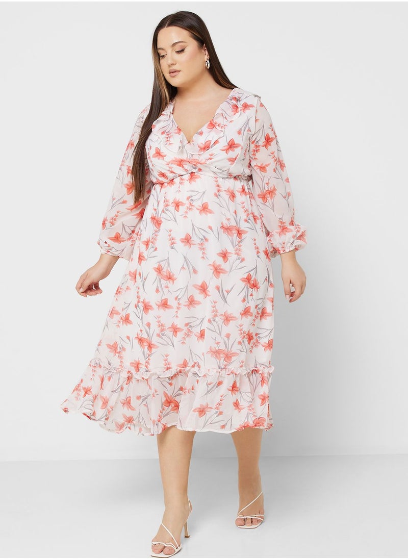 Ella Plus - Printed Frill Detail Fit & Flare Dress - Image 1
