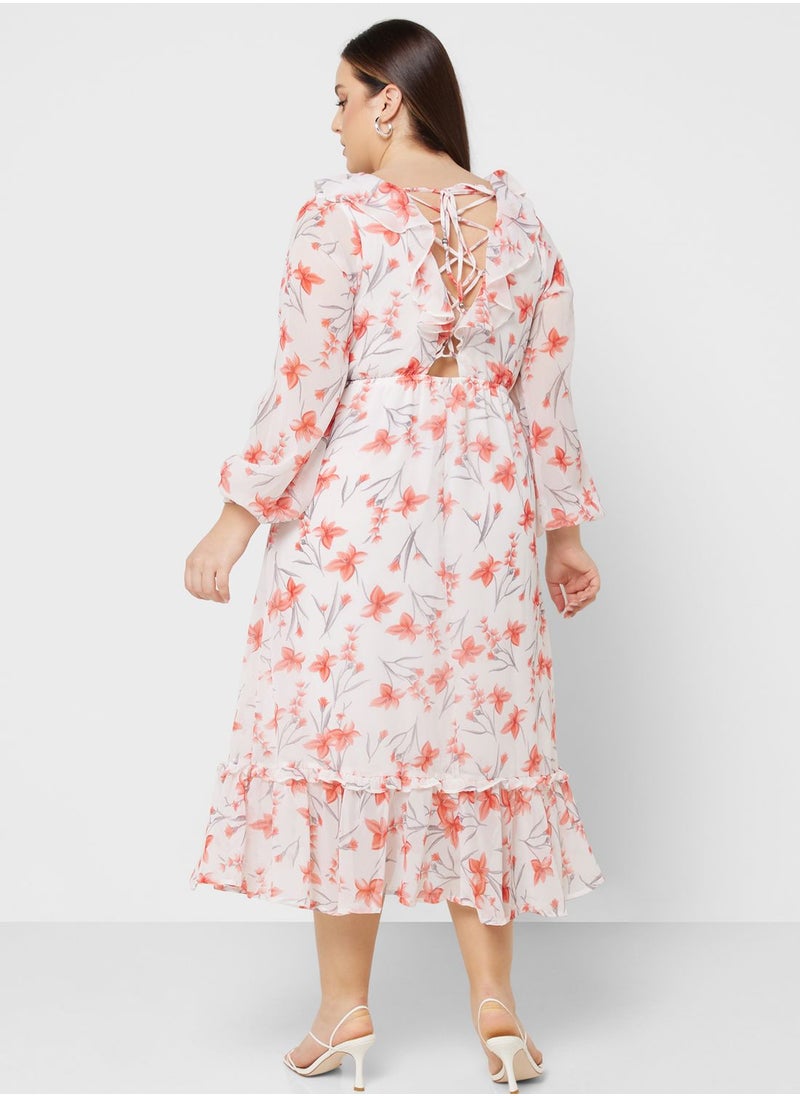 Ella Plus - Printed Frill Detail Fit & Flare Dress - Image 1