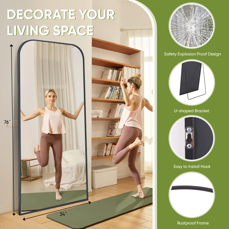 Coomily Full Length Mirror with Stand 76"x34" Floor Mirror Freestanding, Arched Floor Standing Large Mirrors Full Body Wall Hanging Leaning Home Decor for Bedroom & Living Room, Black - Image 4