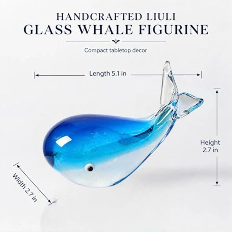 Hand Blown Glass Whale Figurine, Blue Art Glass Whale Sculpture Ocean Animal Collectible, Decorative Glass Whale Statue for Home Office Desk Shelf Coastal Decor Gift Light Blue - Image 2