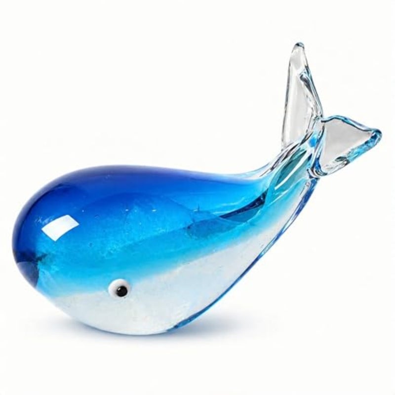 Hand Blown Glass Whale Figurine, Blue Art Glass Whale Sculpture Ocean Animal Collectible, Decorative Glass Whale Statue for Home Office Desk Shelf Coastal Decor Gift Light Blue - Image 1