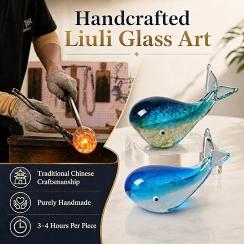 Hand Blown Glass Whale Figurine, Blue Art Glass Whale Sculpture Ocean Animal Collectible, Decorative Glass Whale Statue for Home Office Desk Shelf Coastal Decor Gift Light Blue - Image 4
