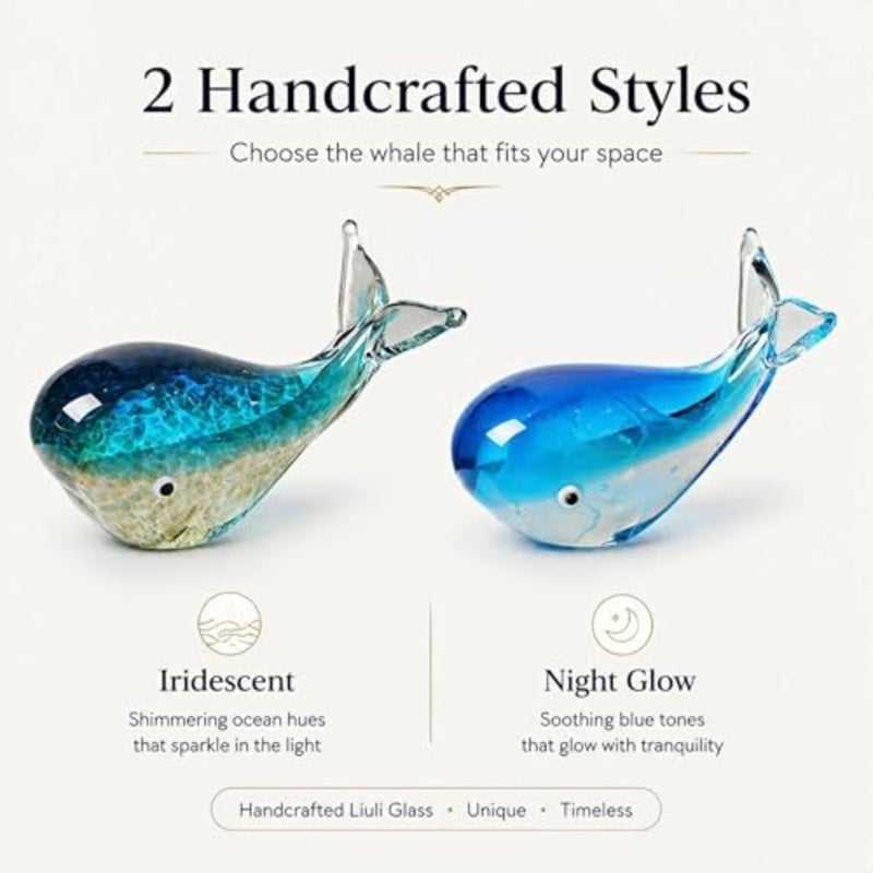 Hand Blown Glass Whale Figurine, Blue Art Glass Whale Sculpture Ocean Animal Collectible, Decorative Glass Whale Statue for Home Office Desk Shelf Coastal Decor Gift Light Blue - Image 3