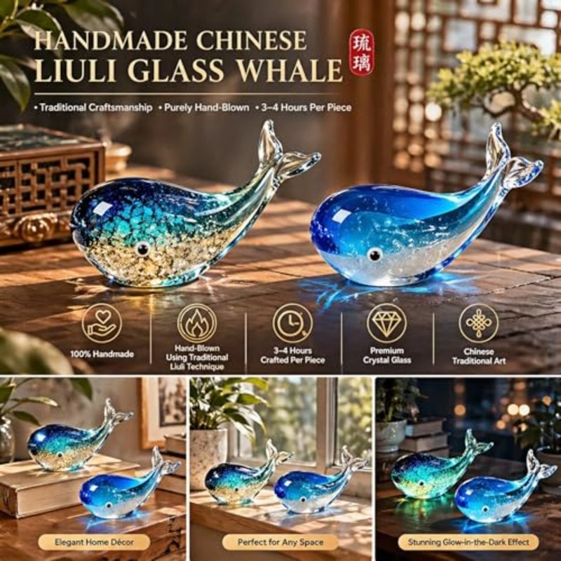 Hand Blown Glass Whale Figurine, Blue Art Glass Whale Sculpture Ocean Animal Collectible, Decorative Glass Whale Statue for Home Office Desk Shelf Coastal Decor Gift Light Blue - Image 5
