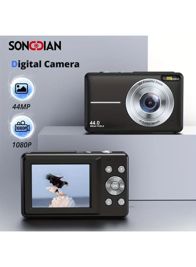 Black SONGDIAN كاميرا رقمية بدقة FHD 1080P و 44 ميجابكسل مع بطاقة 32 جيجابايت وتكبير 16X - Image 2