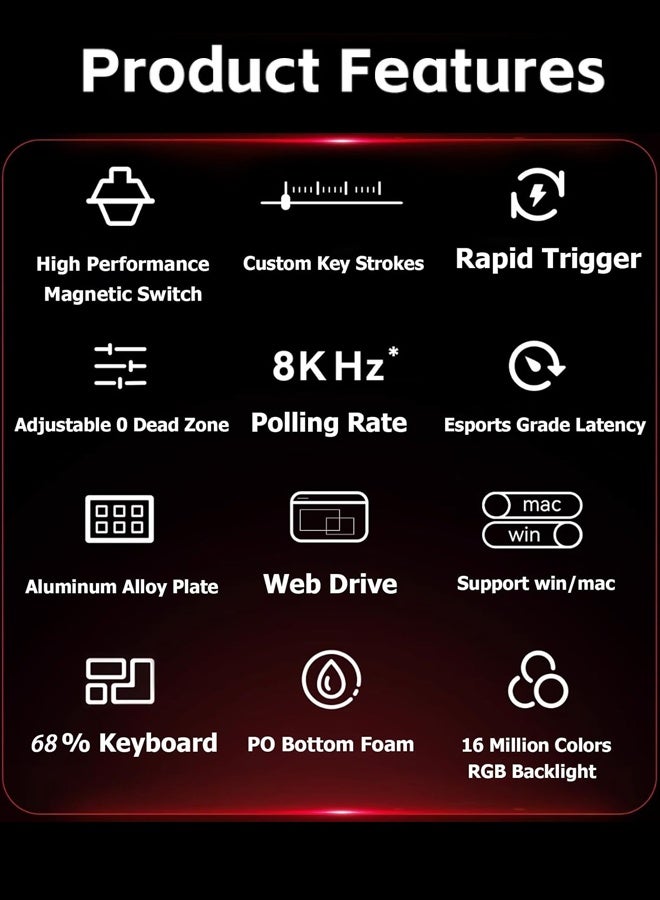 مادليونس MADLIONS Mad68 HE RGB لوحة المفاتيح الميكانيكية المفتاح المغناطيسي تبادل الساخن 8000hz 0.02mm FPS لوحة المفاتيح الألعاب مع التشغيل القابل للتعديل ، وضع الزناد السريع ، مفاتيح تأثير القاعة ، للكمبيوتر الشخصي / ماك ، هدية عيد الميلاد المحمولة السوداء - Image 4