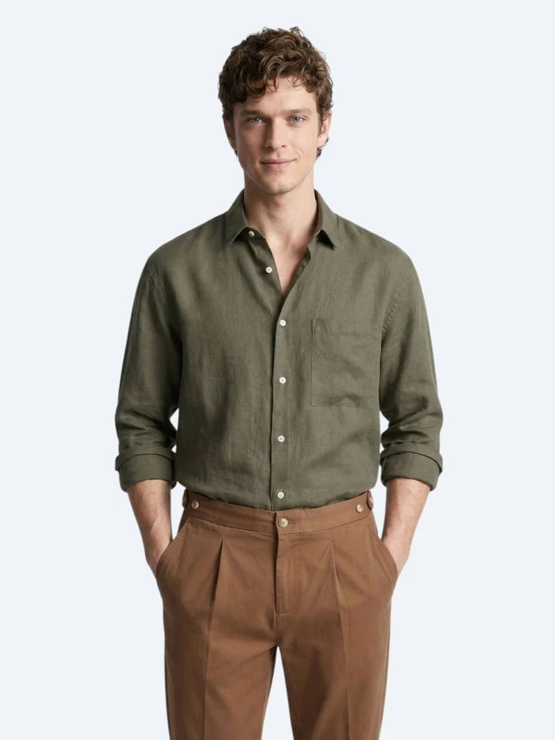 Kip Khaki Plain Oversize Fit Long Weaving Casual Shirt
