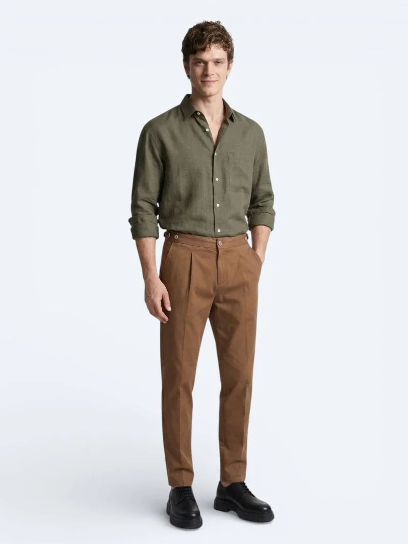 Kip Khaki Plain Oversize Fit Long Weaving Casual Shirt