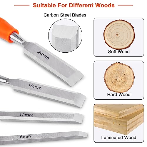MECHEER 4 Piece Wood Chisel Sets Woodworking Tools Set, Wood Chisels for Woodworking with Steel Hammer End, Wood Tools Chisel Set Woodworking with Ergonomic Plastic Handle, 6mm, 12mm, 18mm, 24mm - Image 4