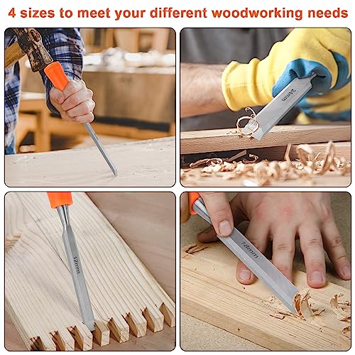 MECHEER 4 Piece Wood Chisel Sets Woodworking Tools Set, Wood Chisels for Woodworking with Steel Hammer End, Wood Tools Chisel Set Woodworking with Ergonomic Plastic Handle, 6mm, 12mm, 18mm, 24mm - Image 5
