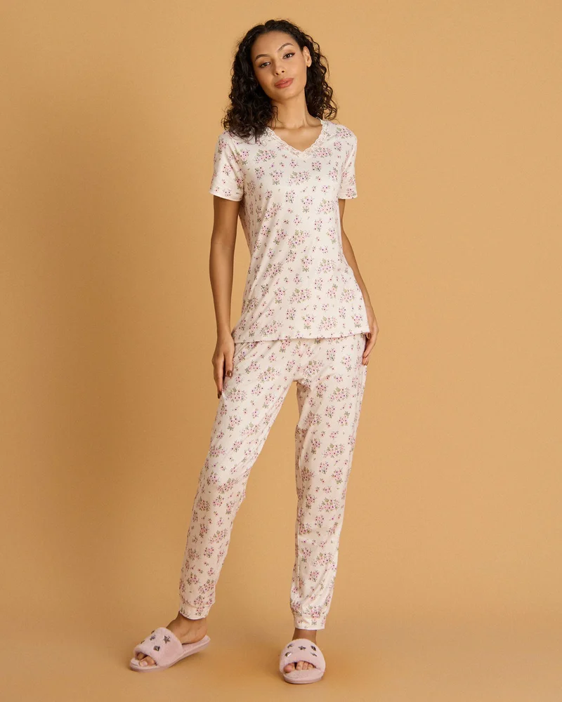 Redtag Women Beige Printed Pyjama Set
