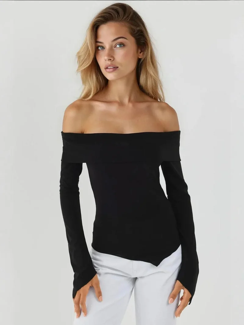 HICCUP Elegant Off-Shoulder Long Sleeve Slim Fit Asymmetric Top