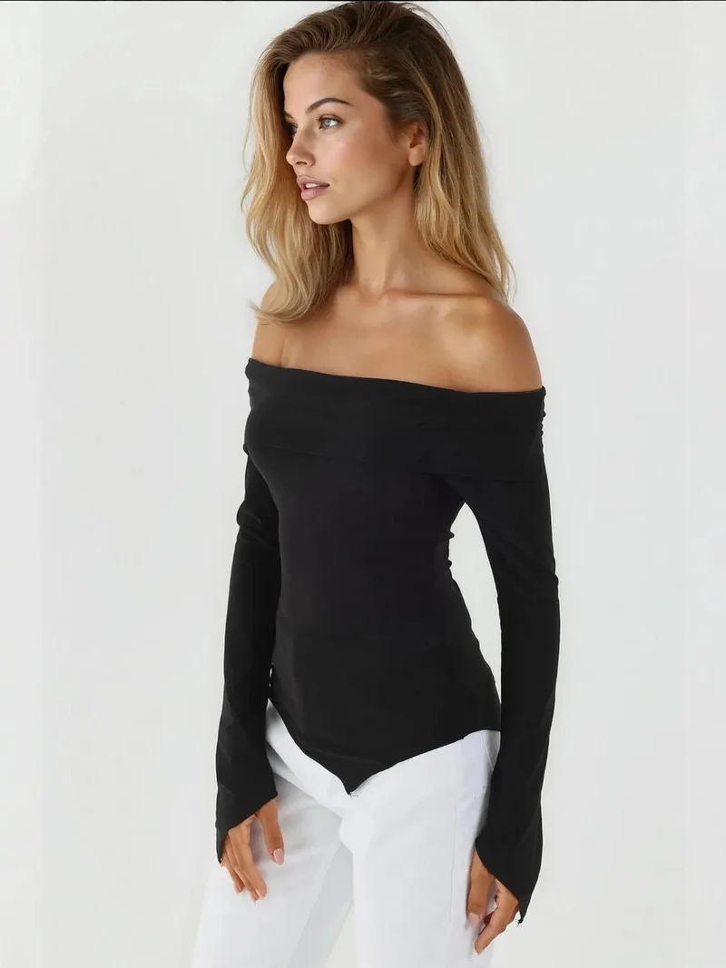 HICCUP Elegant Off-Shoulder Long Sleeve Slim Fit Asymmetric Top