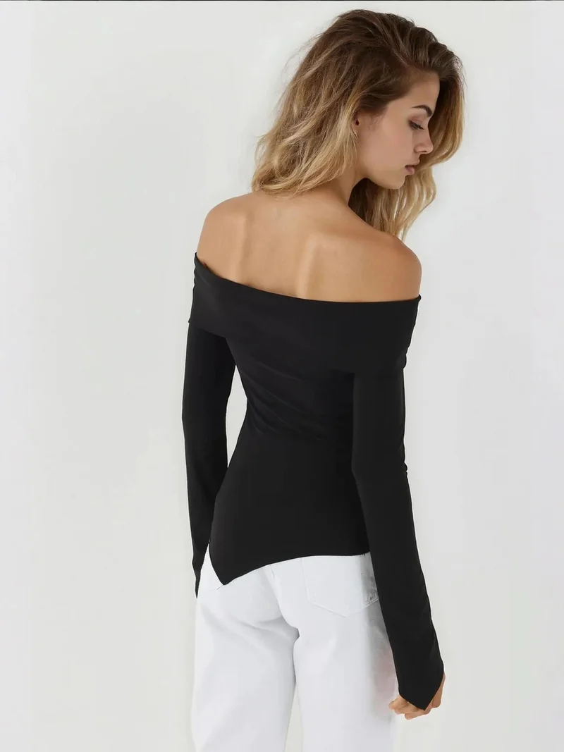 Hiccup Black Elegant Off-Shoulder Long Sleeve Slim Fit Asymmetric Top for Women | Best Price UAE