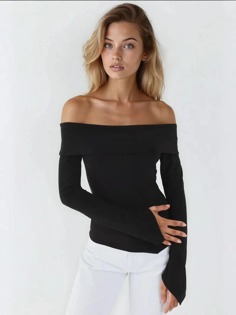 Hiccup Black Elegant Off-Shoulder Long Sleeve Slim Fit Asymmetric Top for Women | Best Price UAE