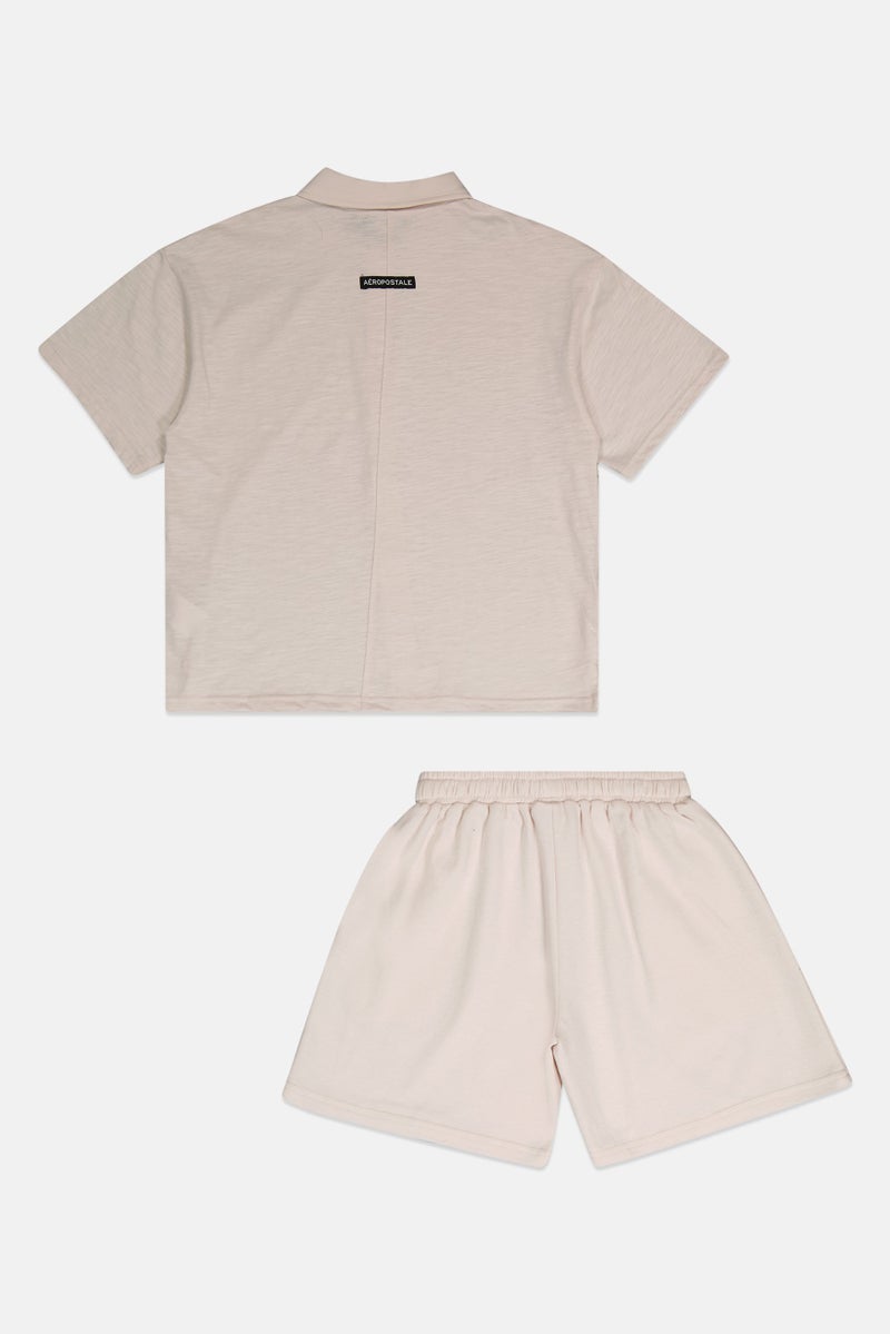Aeropostale Kids Boy 2 Pieces Heather Short Sleeve Shirt With Shorts Set, Light Beige - Image 2