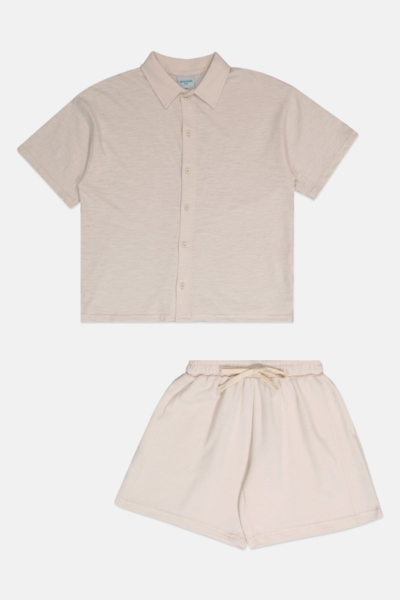 Aeropostale Kids Boy 2 Pieces Heather Short Sleeve Shirt With Shorts Set, Light Beige - Image 3