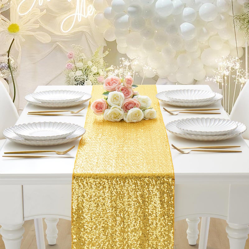 RUDONG M 1 Pack Gold Sequin Table Runner 12 x 108 Inch, Rectangle Glitter Table Runner Dining Table Centerpiece Decorations for Weddings, Banquet, Holiday, Birthday Party - Image 2
