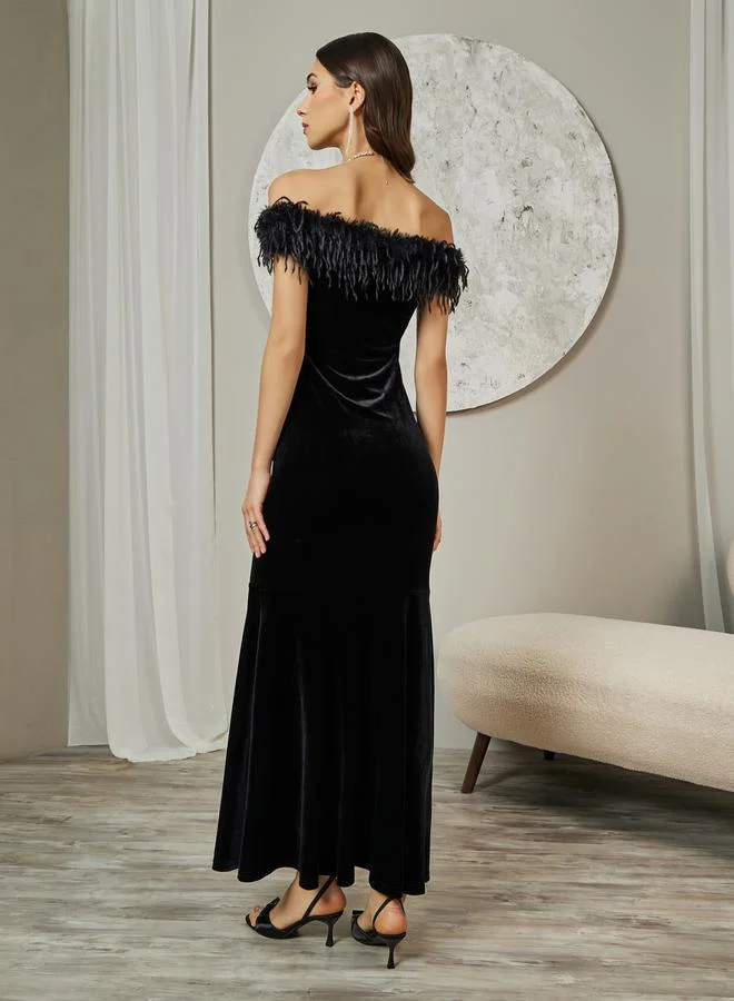 Styli Feather Trim Gown Dress