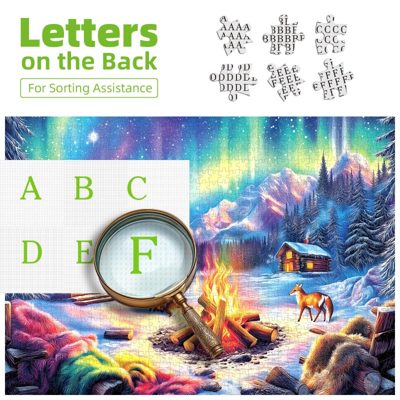 Blueforest 1000 Piece Jigsaw Puzzles for Adults, Northern Lights & Cozy Cabin Winter Bonfire - Challenging Puzzle with Aurora, Wildlife & Hygge Gift-Ready Art (27.5"x19.7") - Image 3