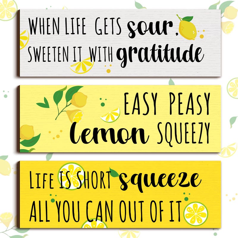 Yulejo 3 Pieces Lemon Wood Sign Lemon Kitchen Decor Inspirational Quote Wall Decor Summer Gift Farmhouse Porch Decoration Accessories for Home Bedroom Bathroom Kitchen 