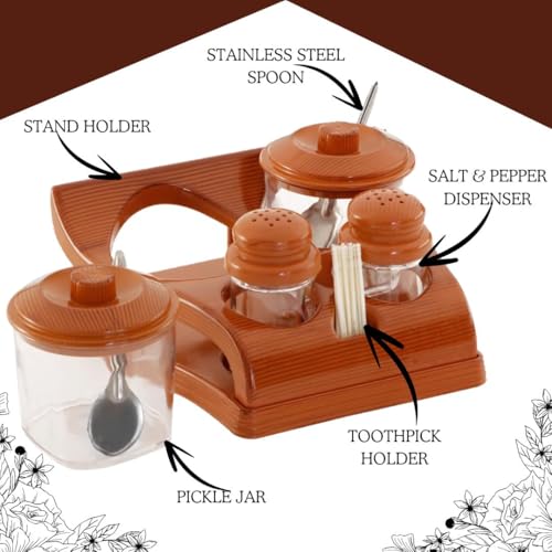 Nabhya Complete Dining Table Set of Pickle Jars, Salt and Pepper Dispenser, Toothpick Holder and Spoon Holder(Wooden Look Design, Plastic) (Hi-Choice) - Image 5