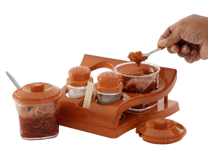 Nabhya Complete Dining Table Set of Pickle Jars, Salt and Pepper Dispenser, Toothpick Holder and Spoon Holder(Wooden Look Design, Plastic) (Hi-Choice) - Image 1