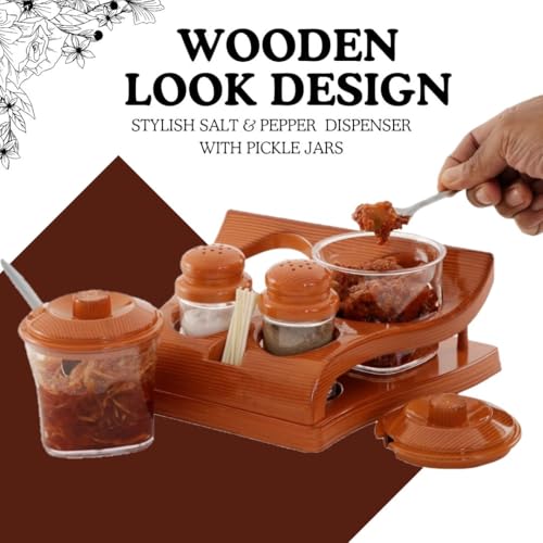 Nabhya Complete Dining Table Set of Pickle Jars, Salt and Pepper Dispenser, Toothpick Holder and Spoon Holder(Wooden Look Design, Plastic) (Hi-Choice) - Image 4