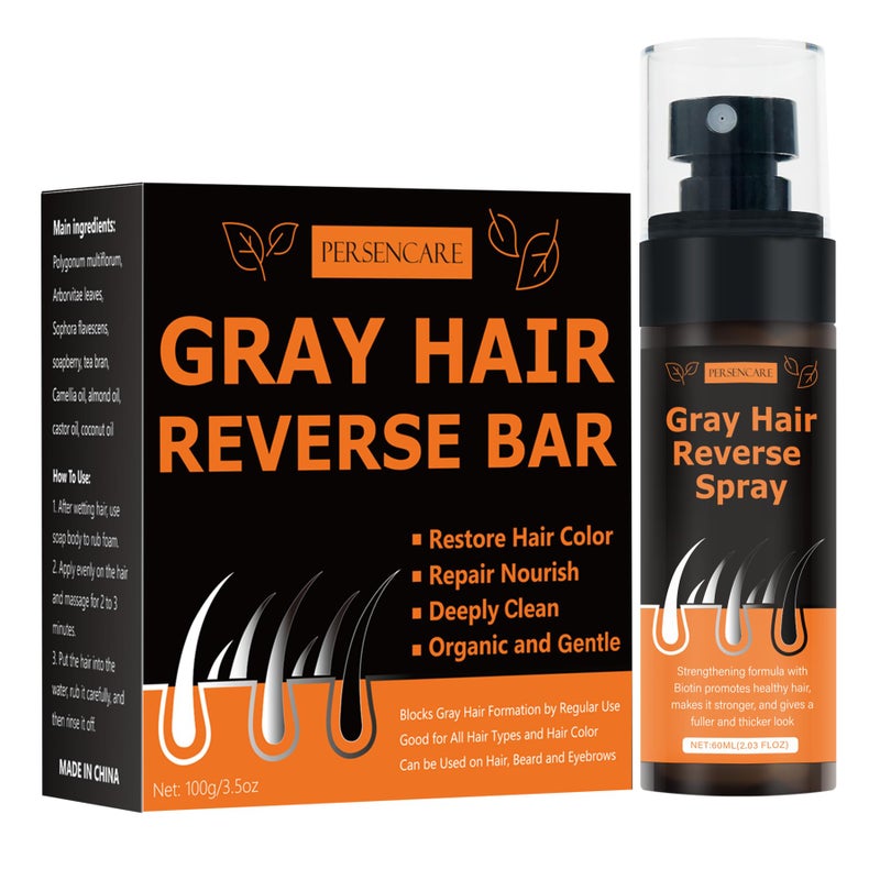 VAEYAE Gray Hair Reverse Bar Spray Sets Men Women Cover Grey Hair Serum Hair Thickening and Darkening Conditioner Soap Natural Herbal Polygonum Ginger Castor Oil Extract Hair Growth Mist