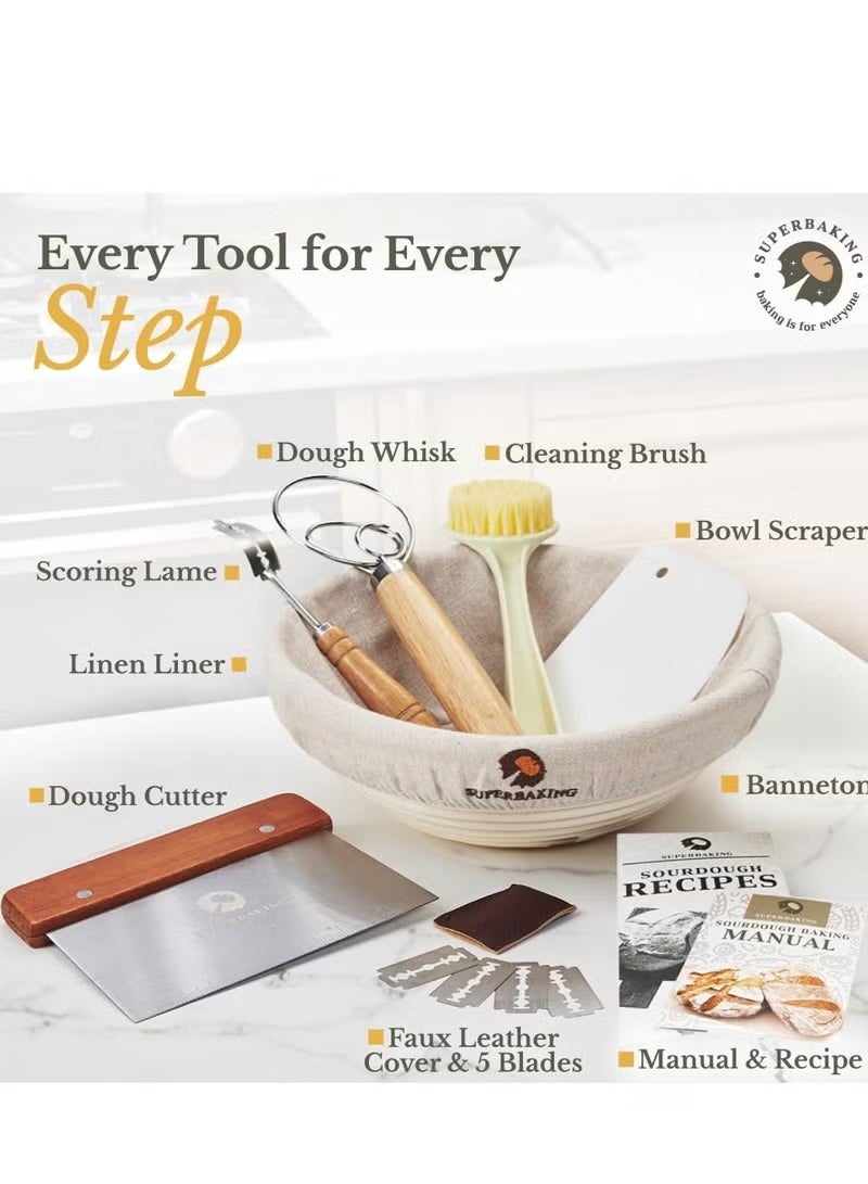 Banneton Bread Proofing Basket, Sourdough Bread Baking Supplies, Round 9 Inch Sourdough Starter Kit, Proofing Basket for Bread Baking, Bread Making Supplies Tools, Banneton Basket Gift Set - Image 3