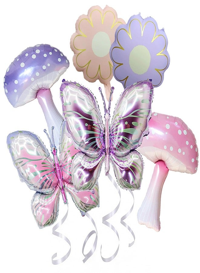 Hazyore Pink Purple Mushroom Balloons Butterfly Balloons, 6 Pack Pastel Mushroom Butterfly Foil Balloon, Fairy Themed Party Decoration For Decorating Birthday Parties And Spring Parties In The Magical Forest - Image 1