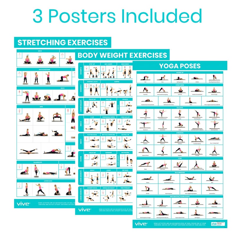Vive Workout Posters for Home Gym (3 Pack) - Bodyweight, Yoga Poses, Stretching Exercises - Home Equipment Accessories Fitness Guide Chart Motivation Sequence for Women, Men, Kids - Laminated, Colored - Image 2