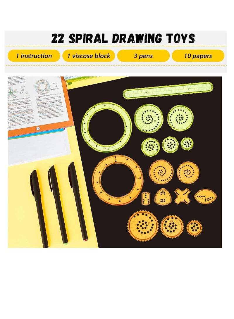 FengSVMA Spiral Art Gear Geometric Ruler 22 Pcs Spiral Circle Template for Drawing Plastic Template Ruler Drawing Toys Spiral Curve Stencils with Pens Paper for Drawing DIY Art Crafts Sketch - Image 4