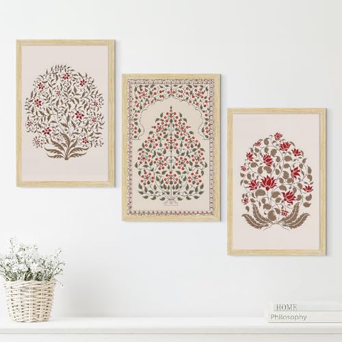 ArtX Paper Madhubani Floral Paintings with Frame for Home Decor Wall Art, Wall Paintings for Living Room, Multicolor, Natural Wood Color Frames, 12.0x18.0 inch, Set of 3 - Image 1
