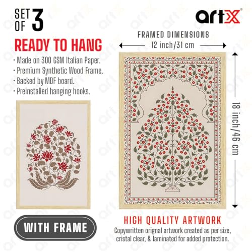 ArtX Paper Madhubani Floral Paintings with Frame for Home Decor Wall Art, Wall Paintings for Living Room, Multicolor, Natural Wood Color Frames, 12.0x18.0 inch, Set of 3 - Image 3