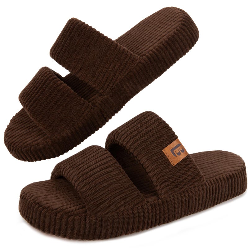 LongBay Slippers for Women Memory Foam Open Toe Slide Indoor House Shoes Slip On Bedroom Comfy Gift Brown, 7-8 - Image 1