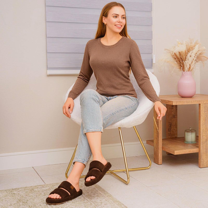 LongBay Slippers for Women Memory Foam Open Toe Slide Indoor House Shoes Slip On Bedroom Comfy Gift Brown, 7-8 - Image 2