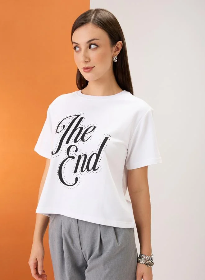 globus White Slogan Print Embellished Crop T-Shirt