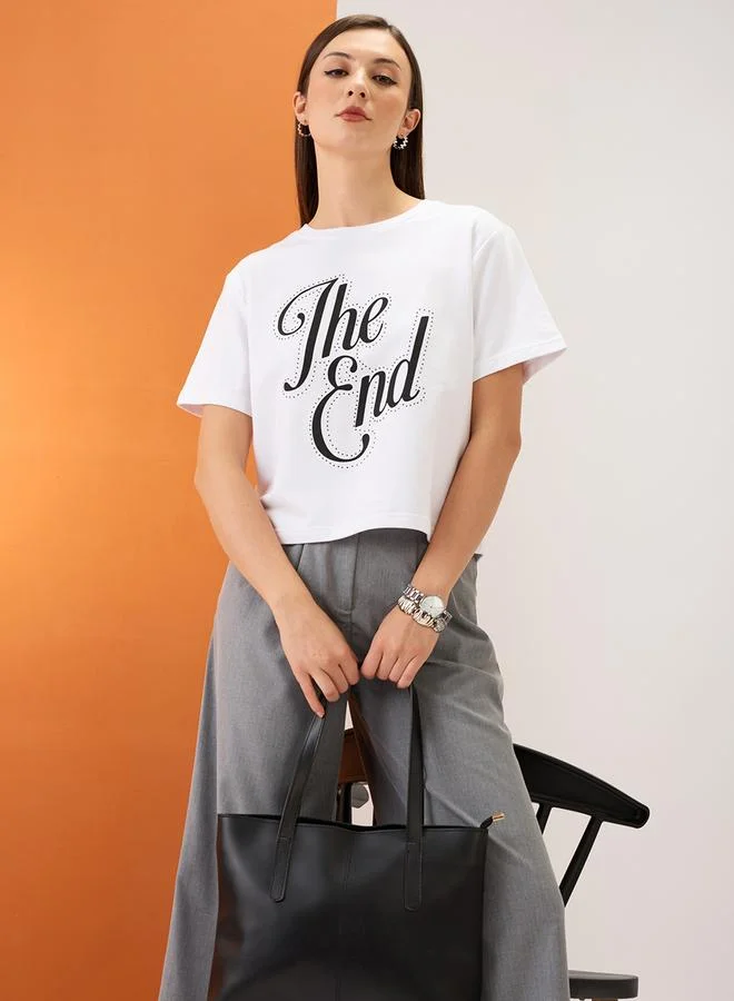 globus White Slogan Print Embellished Crop T-Shirt