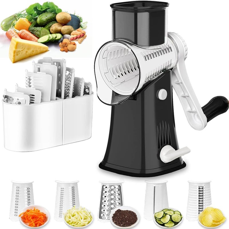 Rotary Cheese Grater Shredder 5in1 Tumbling Box Mandoline Vegetable Julienne Slicer Waffle Cutter Nut Chopper Black