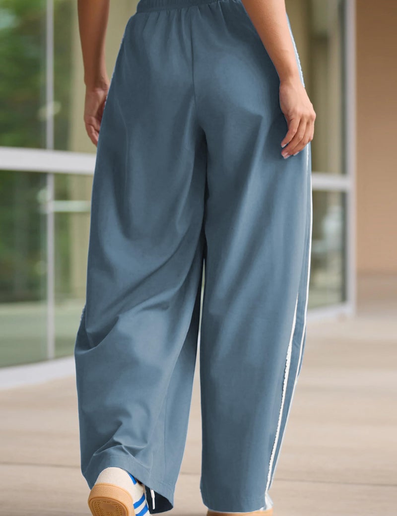 Yeokou Women's Wide Leg Sweatpants Side Stripe Crochet Slip on Drawstring Casual Running Track Palazzo Pants with Pockets (BlueGray-L) - Image 4