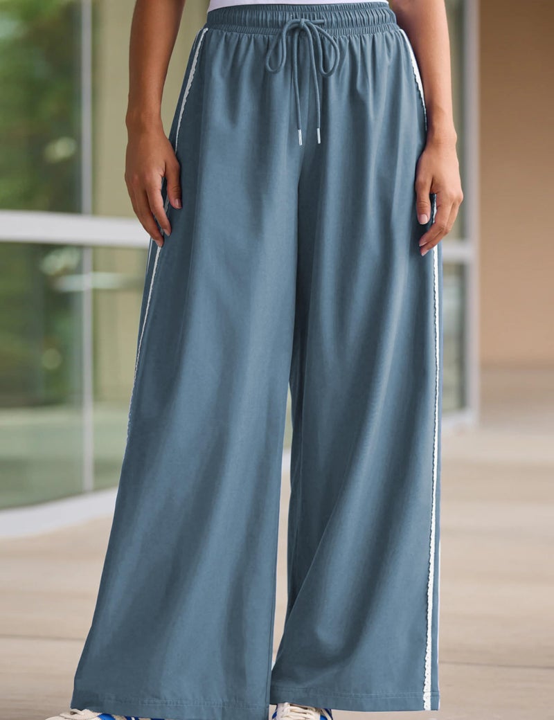 Yeokou Women's Wide Leg Sweatpants Side Stripe Crochet Slip on Drawstring Casual Running Track Palazzo Pants with Pockets (BlueGray-L) - Image 3