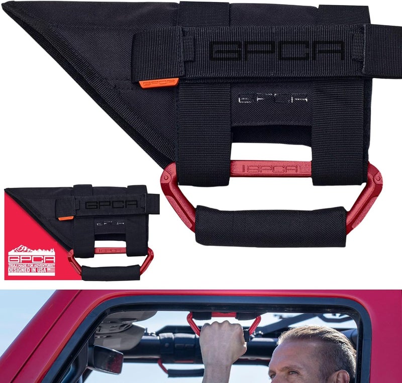 GPCA Metal Grab Handles for Jeep Wrangler 4xe, JL, JT, JK, Sport, Sahara, Rubicon and Gladiator 4DR/2DR 2007-2023 GP Grip PRO, Foldable Patented, 2 Packs, Firecracker Red - Image 1