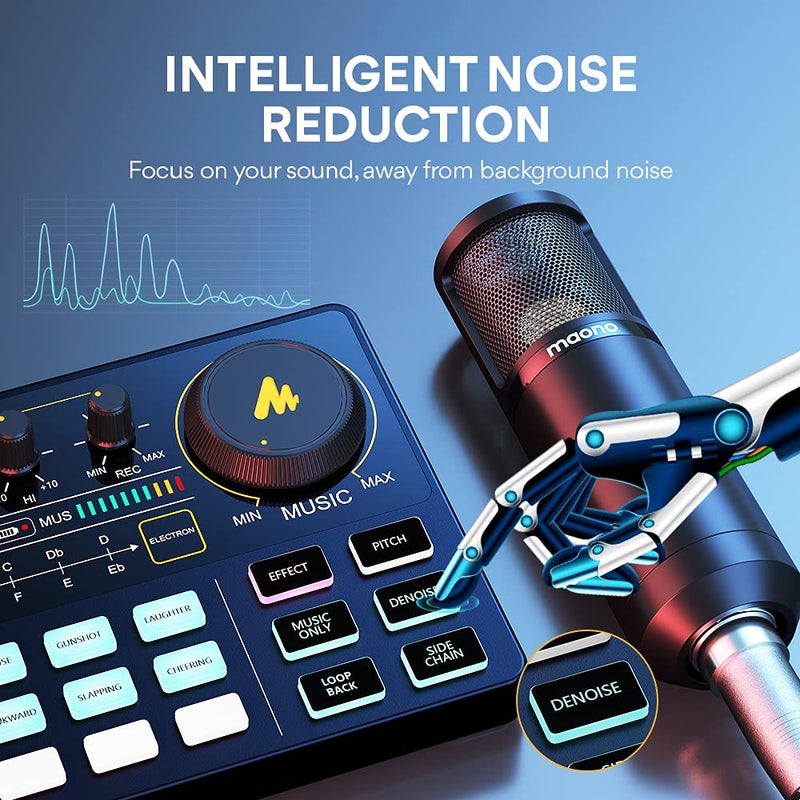 Maono مجموعة معدات بودكاست MAONO - خلاط صوتي - استوديو إنتاج بودكاست شامل مع ميكروفون 3.5 مم للبث المباشر، تسجيل البودكاست، الكمبيوتر، الهاتف الذكي، DJ MaonoCaster Lite (AU-AM200-S6 أسود) - Image 4