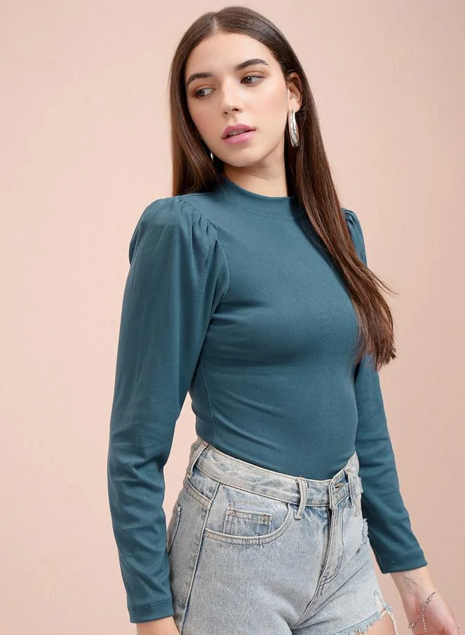 Tokyo Talkies Tokyo Talkies Solid Puff Sleeve Cotton Fitted Top