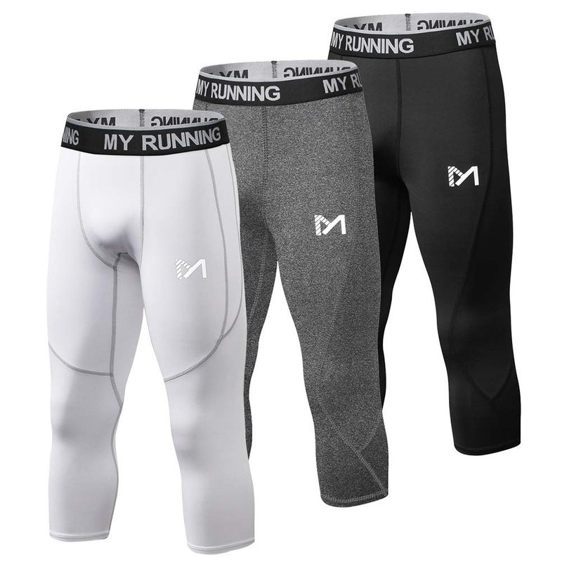 MEETYOO Men's 3/4 Compression Pants Leggings Tights, Cool Dry Sport Workout Base Layer Running Cycling (3 Pack-c, Small)