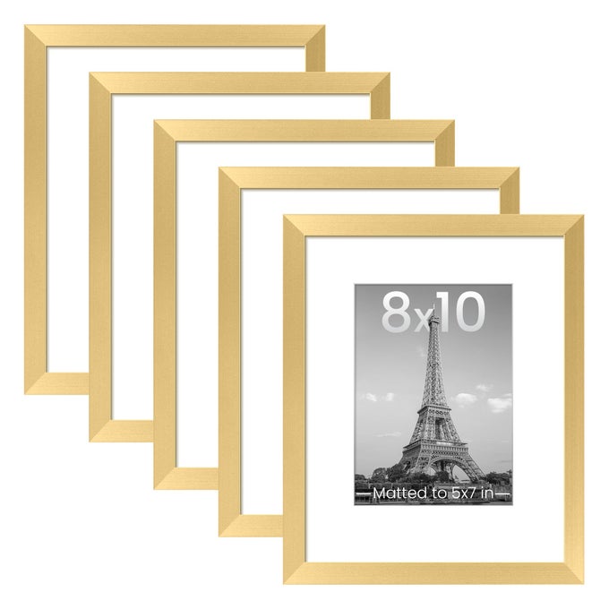 8X10 PICTURE FRAME SET OF 5 DISPLAY PICTURES 5X7 WITH MAT OR 8 X 10 WITHOUT WALL GALLERY PHOTO FRAMES GOLD