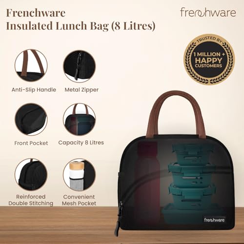 Frenchware Insulated Lunch Bag (8 Litre, Black), Office Tiffin Bags for Men and Women, Hot & Cold Travel Lunch Box for Men, Tiffin Box & Bottles, Lunch Bag for Office, Picnic Bag (Nylon) (Black) - Image 2