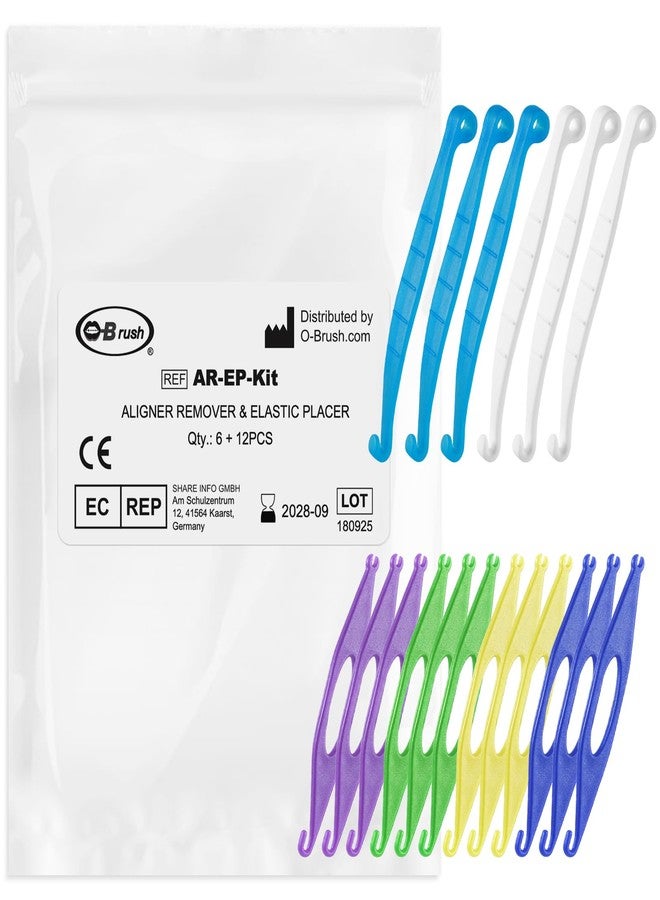 B Rush Aligner Remover Tools and Elastic Placers Set, 6 Removers and 12 Placers, Multi-Color, for Invisalign Retainers and Braces, 18 Piece Dental Care Kit - Image 1